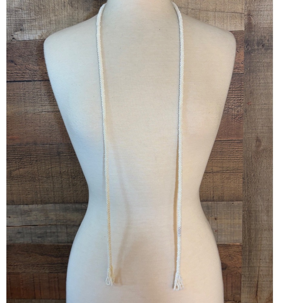 Vintage Cream Seed Bead Lariat Necklace Woven Tassel Love Knot Flapper Style